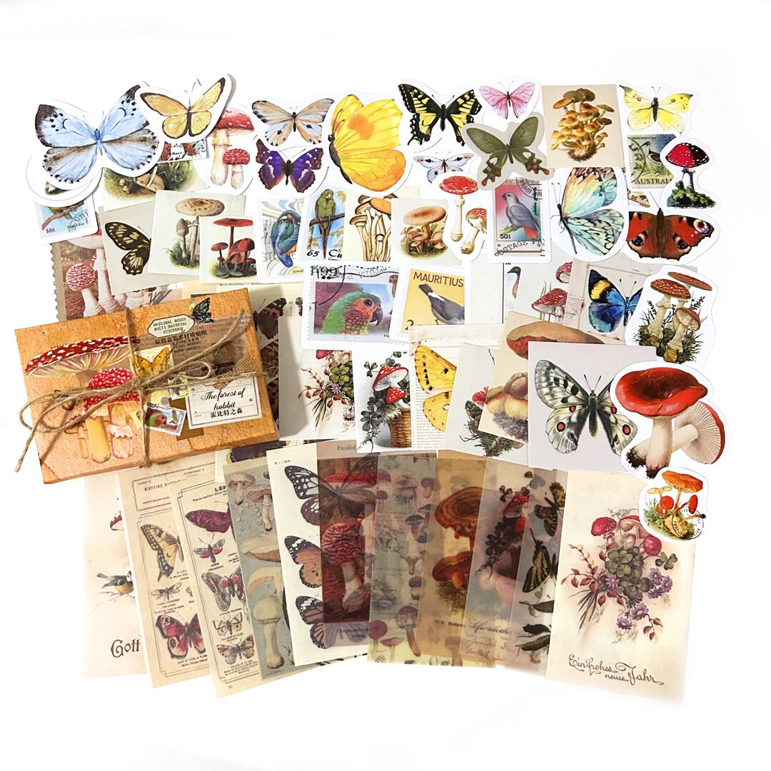 Journal Insect Stickers 60 Pcs Retro Butterfly Junk Journal Kit, Mushroom Sticker Pack, Vellum ...
