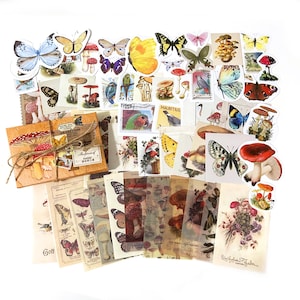 60 Stück Retro Schmetterling Junk Journal Kit, Pilz Sticker Pack, Pergament, Memo Papier, Ephemera, Vintage Insekten, Wald, Wälder, Vögel