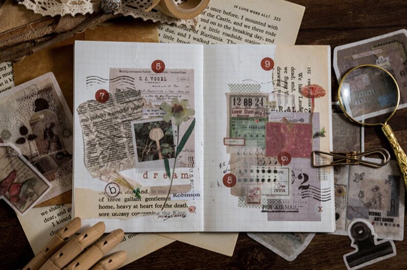 Manuscript Text Newspapers Sticker Archives Moon Phases Bullet Journal 60 Pcs Vintage Articles Large Washi Sticker Travel Journal