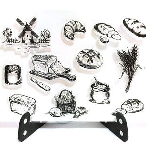 パンスタンプ、ベーカリーペストリー透明スタンプ、ビンテージ焼き菓子ゴムスタンプ、プランナージャーナル、小麦、風車、クロワッサン