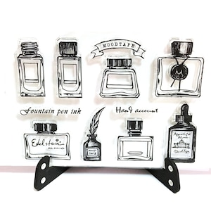 Tintenflasche Stempel, Federkiel klar transparent Stempel, Vintage Tintenflasche Stempel, Planer Journal, Hand gezeichnet, Skizze, Stift und Papier