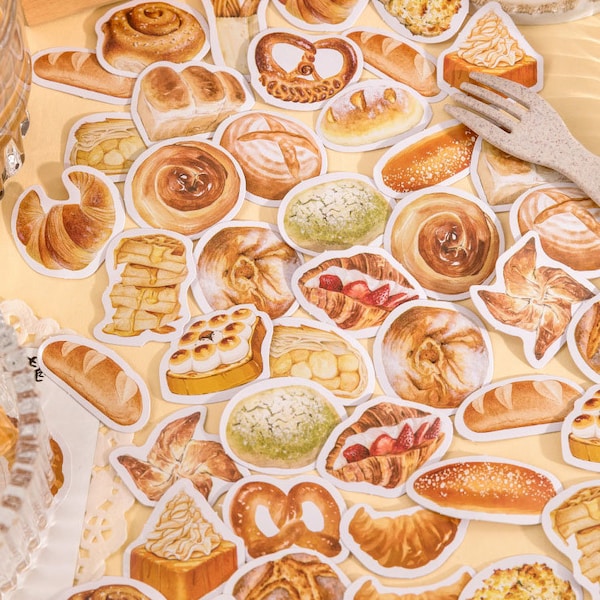 46 Pcs Pastry Sticker, Waffles Sticker Pack, Bread Stickers, Scrapbook, Junk Journal Kit, Toast, Croissant, Desserts, Pastries, Snack