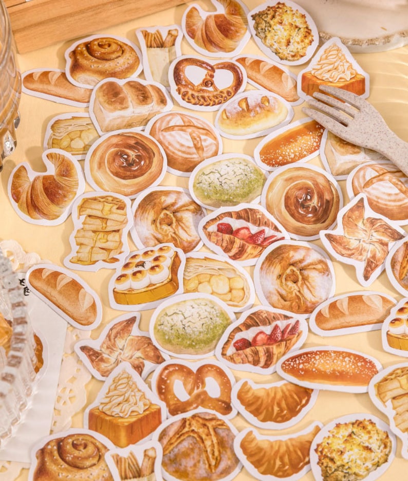 46 Pcs Pastry Sticker, Waffles Sticker Pack, Bread Stickers, Scrapbook, Junk Journal Kit, Toast, Croissant, Desserts, Pastries, Snack image 1