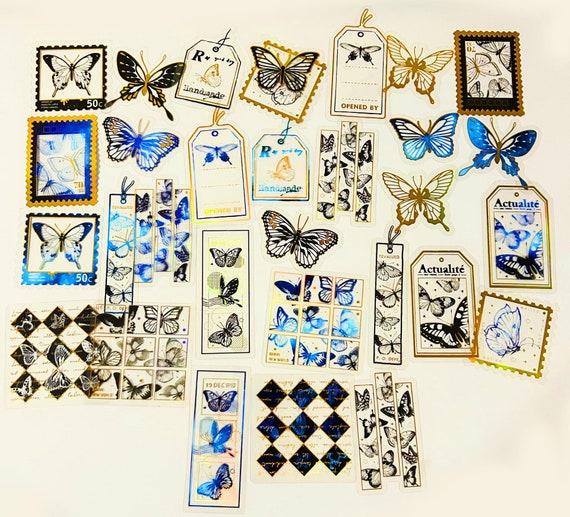 30 Pcs Butterfly Gold Foil Clear Sticker, Scrapbooking, journal, Junk Journal Kit, Insects, Butterflies, Nature, Forest, Postal, Mail