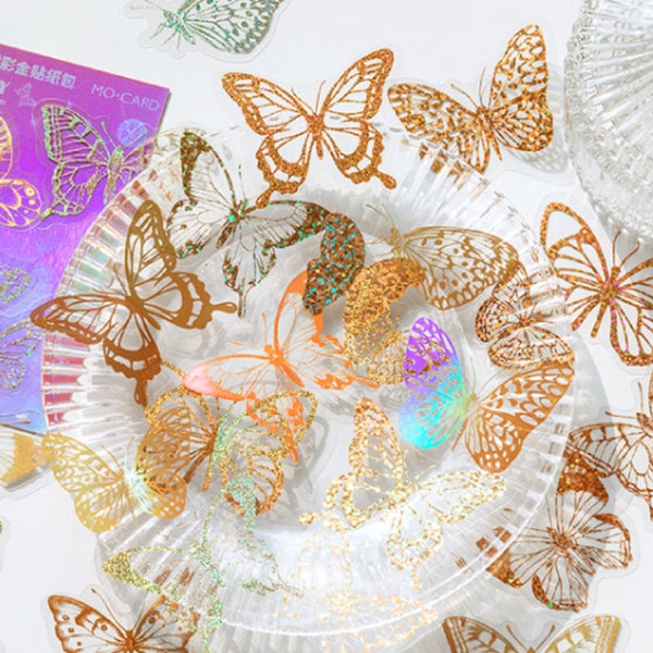 45 Pcs Butterfly Gold Holographic Sticker, Butterflies Shiny, Iridescent, Junk Journal, journal, Resin Art, Insects, Specimen, Nature