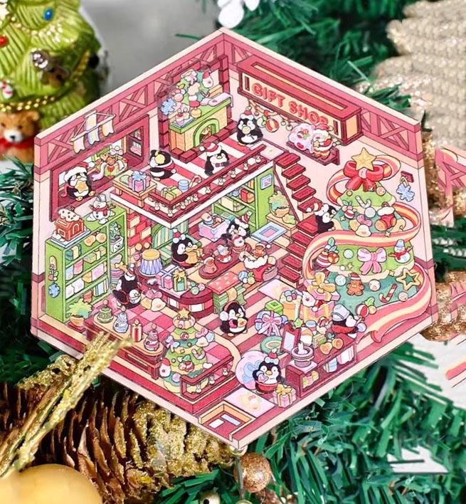 3D DIY Christmas Gift Shop Sticker, Scene Stickers, Journal Kit, Scrapbooking, Hobbies, Gift, Mini Cozy Stickers, Miniature Stickers, ASMR
