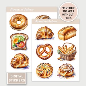 Pacchetto adesivi digitali per pasticceria, adesivi per pasticceria, diario, diario spazzatura, effimeri, pagnotta di pane, croissant, pasta madre, pretzel, baguette, toast