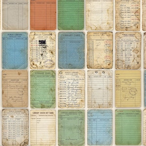 May include: A repeating pattern of vintage library checkout cards in various colors including blue, green, tan, and orange. Each rectangular card features printed lines, columns for borrower names and dates, and handwritten entries with ink stamps and stains.