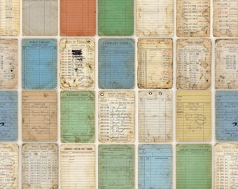 May include: A repeating pattern of vintage library checkout cards in various colors including blue, green, tan, and orange. Each rectangular card features printed lines, columns for borrower names and dates, and handwritten entries with ink stamps and stains.