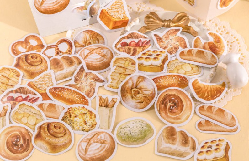 46 Pcs Pastry Sticker, Waffles Sticker Pack, Bread Stickers, Scrapbook, Junk Journal Kit, Toast, Croissant, Desserts, Pastries, Snack image 2