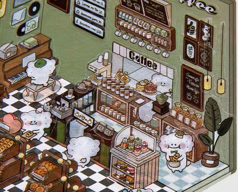3D DIY Coffee Shop Sticker, Scene Stickers, Journal Kit, Scrapbooking
