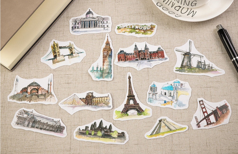 40 Pcs Landmark Sticker Travel Watercolor Sticker Flakes Etsy