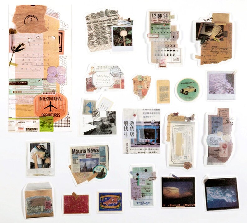 Manuscript Text Newspapers Sticker Archives Moon Phases Bullet Journal 60 Pcs Vintage Articles Large Washi Sticker Travel Journal