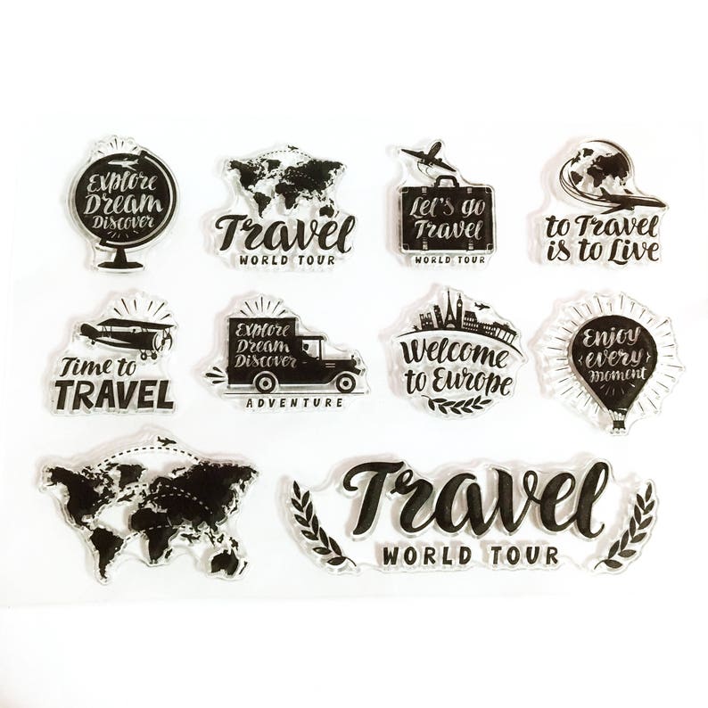 Sello de viaje, sello transparente transparente Tour, sello de goma Globe Wanderlust, sello de diario de viaje, explorar, soñar, descubrir, mapa mundial, avión imagen 2