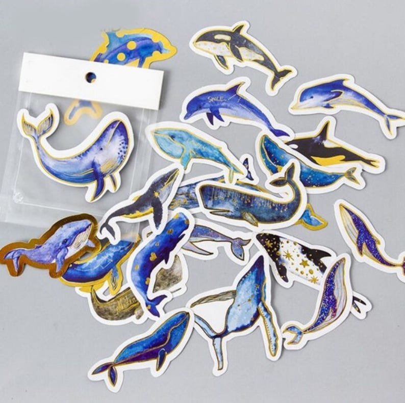 23 Pcs Whales Sticker Ocean Mammals Marine Whale Gold Foil Sticker Flakes Sea,Nautical Under the Sea Bullet Journal Stickers Scrapbook