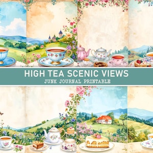 Shabby Chic High Tea Scenic Views Junk Journal Kit, Printable Papers, Ephemera, Scrapbooking, Watercolor, Digital Download, Floral Border
