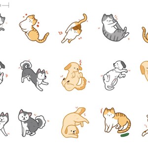 May include: A set of 16 digital illustrations featuring cats and dogs in various poses. The illustrations are in a cartoon style and feature a variety of colors, including black, white, gray, brown, and orange.