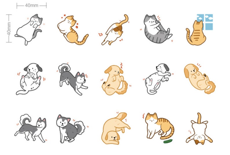 May include: A set of 16 digital illustrations featuring cats and dogs in various poses. The illustrations are in a cartoon style and feature a variety of colors, including black, white, gray, brown, and orange.