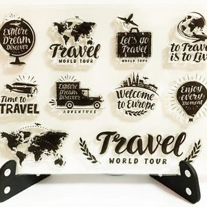 Sello de viaje, sello transparente transparente Tour, sello de goma Globe Wanderlust, sello de diario de viaje, explorar, soñar, descubrir, mapa mundial, avión imagen 1