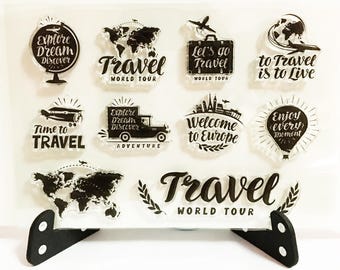 Travel Stamp, Tour Clear Transparent Stamp, Globe Wanderlust Rubber Stamp, Travel Journal Stamp, Explore, Dream, Discover, World Map, Plane