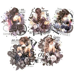 10 Stück Mädchen Klar Aufkleber, PVC Sticker Pack, Scrapbook, Junk Journal, Rückansicht, Zurück Silhouette, Frisuren, Blumen, Bordürenrahmen
