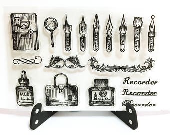 Writing Tools Stamp, Writer Instruments Clear Transparent Stamp, Vintage Fountain Pen Rubber Stamp, Planner journal, Ink, Paper, Book