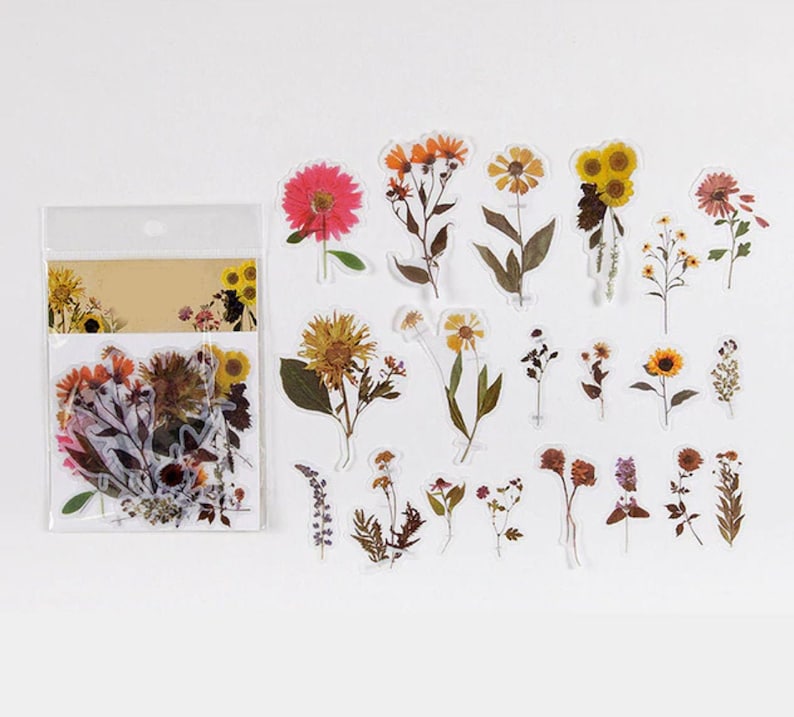40 Pcs Flowers Vellum Sticker Sunflower Daisy Bullet Journal Travel Journal Scrapbook Floral Sticker Garden Botanicals Leaves