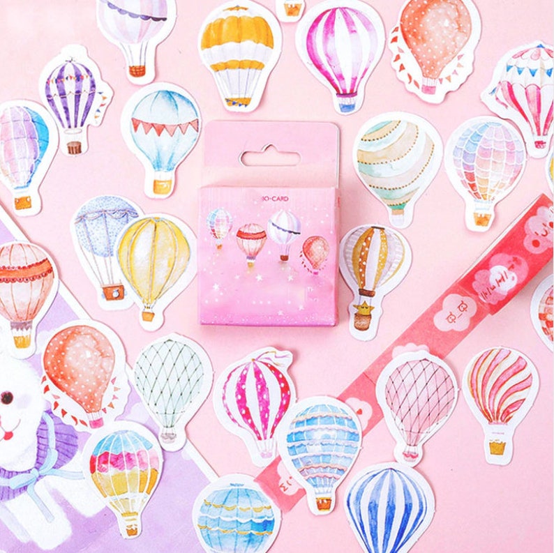 45 Pcs Hot Air Balloon Sticker Pack, Rainbow Colorful Sticker, Scrapbook, Junk Journal Kit, Journal Ephemera, Travel, Fly, Up, Away image 2