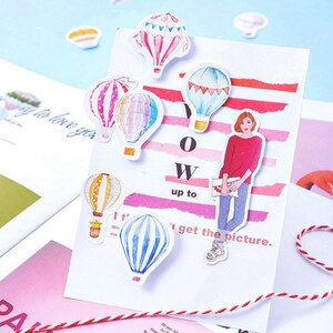 45 Pcs Hot Air Balloon Sticker Pack, Rainbow Colorful Sticker, Scrapbook, Junk Journal Kit, Journal Ephemera, Travel, Fly, Up, Away image 3