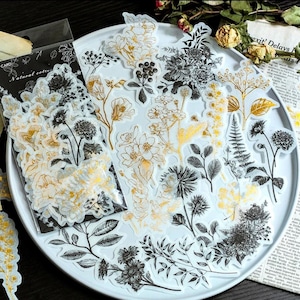 60 Stück Botanicals Große Washi Aufkleber, Blätter Goldfolien Aufkleber, Junk Journal Ephemera, Blumen, Garten, Floral, Minimalist, Blumen, Blatt