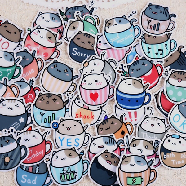 20 Pcs Coffee Cat Sticker Pack, Cat in Coffee Cup Sticker, Coffee Cup Cat, Scrapbooking, journal, Ephemera, Cat in a Cup
