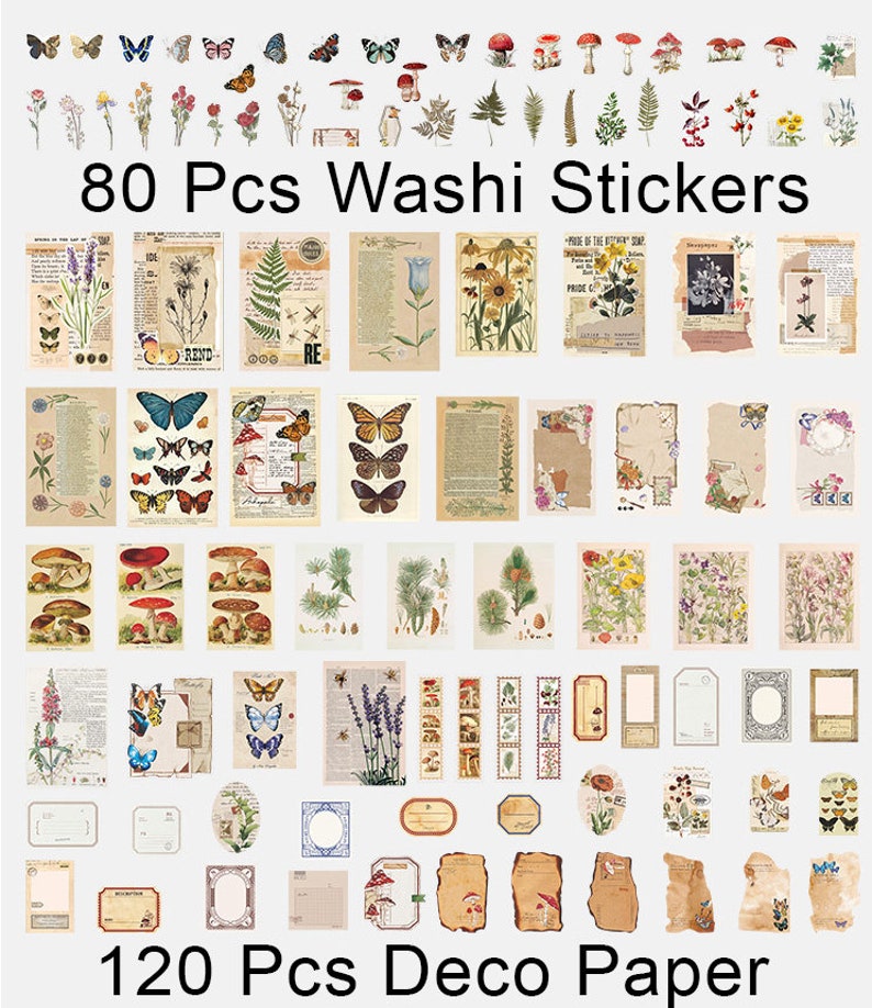 200 stuks Retro Nature Junk Journal Kit, Bloemen Sticker Pack, Memo Deco Papier, Ephemera, Vintage, Bladeren, Tuin, Bos, Bos, Vlinder afbeelding 2