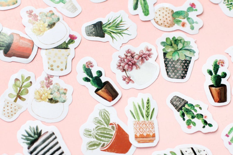 45 Pcs Cactus Sticker, Cacti Sticker Flakes, Potted Plants Stickers, Scrapbook, Succulents Schedule Sticker,Flower Leaves,Watercolor image 2