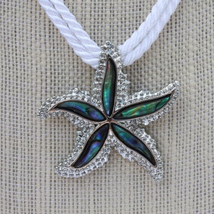 Silver Abalone Starfish Pendant Necklace & White Rope  / Multi-colored shell / Mermaid Siren Tropical Beach Nautical / Sea Star