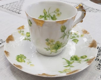 French Field Haviland Limoges Porcelain Demitasse Cup Saucer, Green Leaves Small Yellow Flowers Gold Trim French Farmhouse Country Cottage