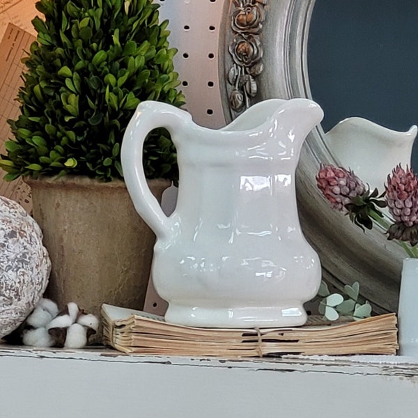 White Ironstone Milk Pitcher, Farmhouse, Cottage, Rustic, Home Display Country Kitchen French Country
