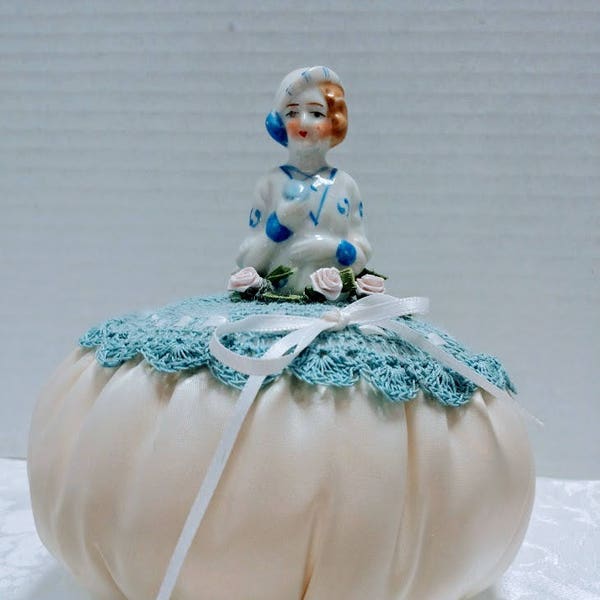 Pincushion Handmade Blue and White Porcelain Half-Doll