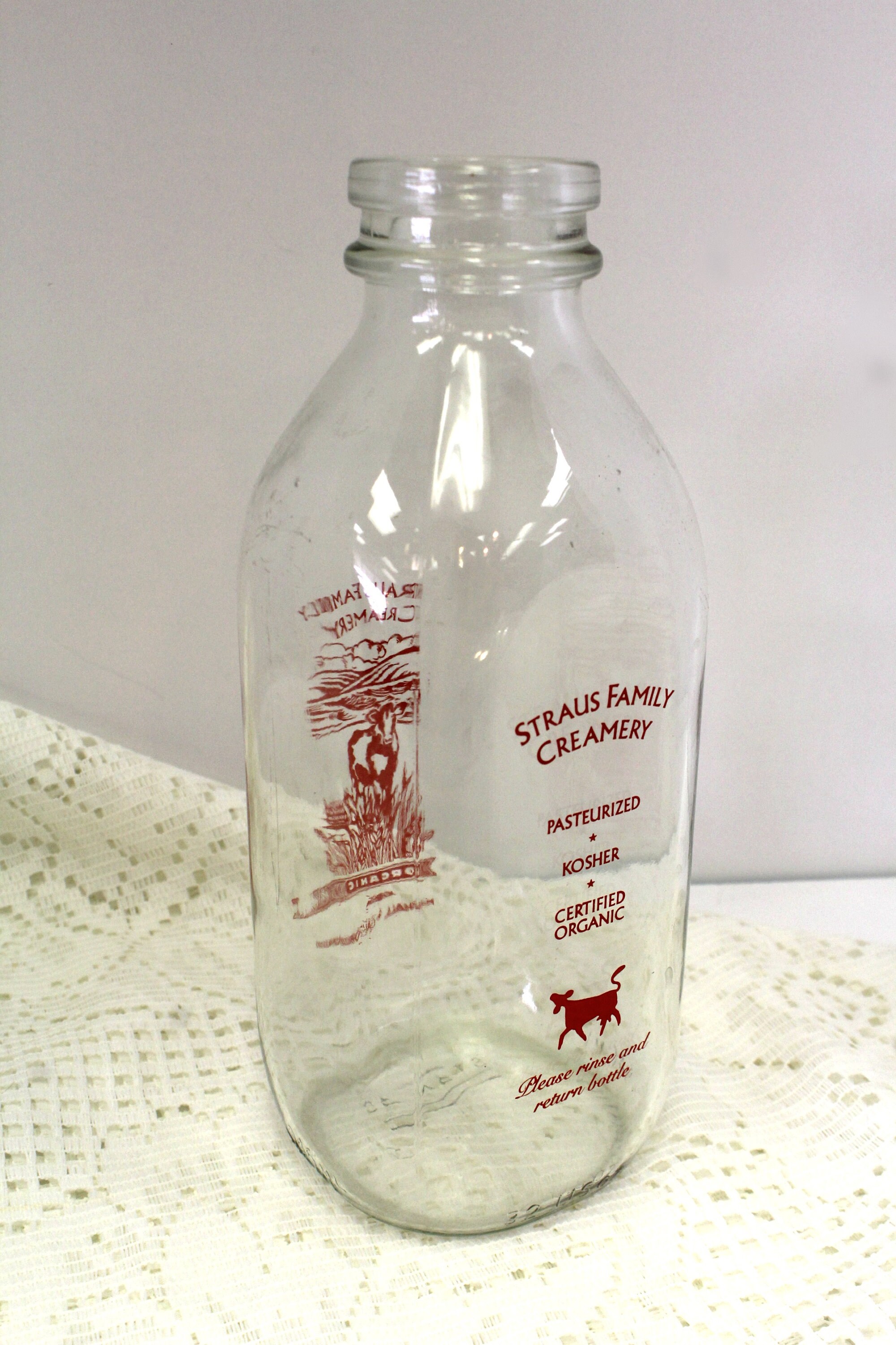 Straus Family Creamery Marshall California 16 Ounce Glass Milk Bottle 