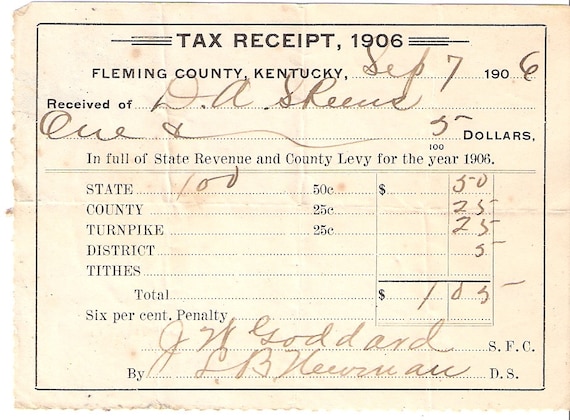 1906 Tax Receipt for Fleming County Kentucky for D. A. Skeens, Total Tax One  Dollar and Five Cents Free Shipping 