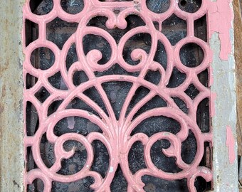 Pink Painted Metal Grate-Chippy Grungy Architectural Piece Farmhouse Charm Country Cottage Home Decor DIY