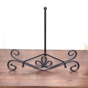 Black Wrought Iron with Elegant Scrollwork with Central Stylized Flower/Clover Loop Motif Easel for Paintings or Large Platters Wide Body