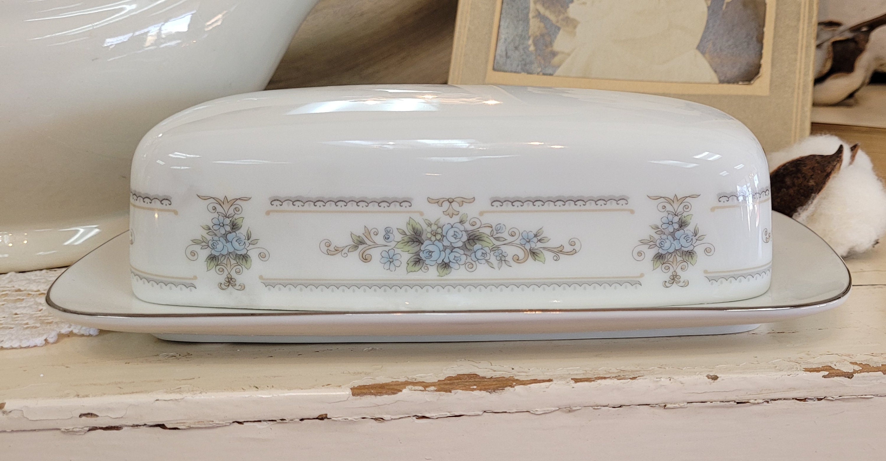 Rare Covered Butter Dish by Fine Porcelain China Japan Blue Flowers with Silver Leaves Elington Country Cottage Farmhouse