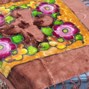 Piano Scarf or Table Scarf, Well Used, Very Colorful, Size 20&quot; x 21&quot; Long, 6&quot; Fringe is Lovely