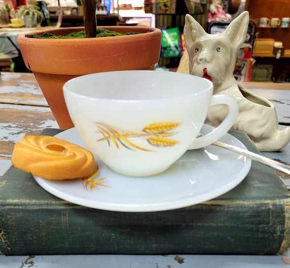 Vintage Fire King Wheat Pattern Coffee Cup and Saucer by Anchor 