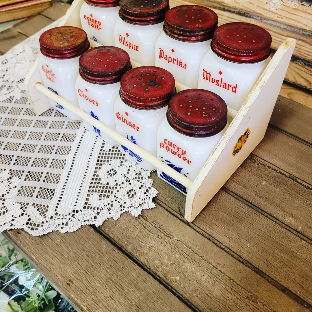 Vintage Milk Glass Spice Set, Red Lids With Rack, 1940s1950s Etsy
