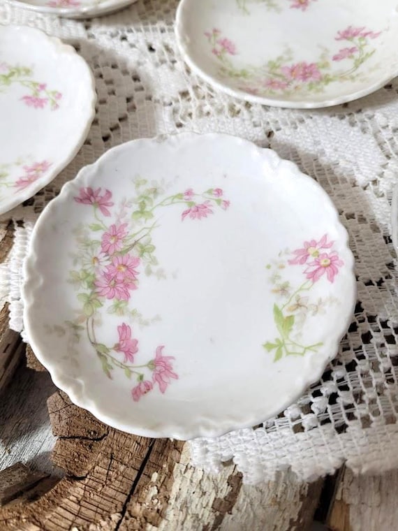 Antique Pink Daisy Butter Pat Made in Austria by Moritz Zdekauer 3 1/8" Wide Delicate Porcelain Dish Pink-Green-Yellow Centers 1884-1909