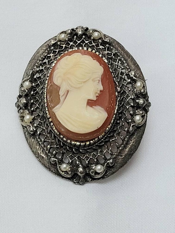 1960s Faux Cameo, Silver-Toned Filigree Base with 