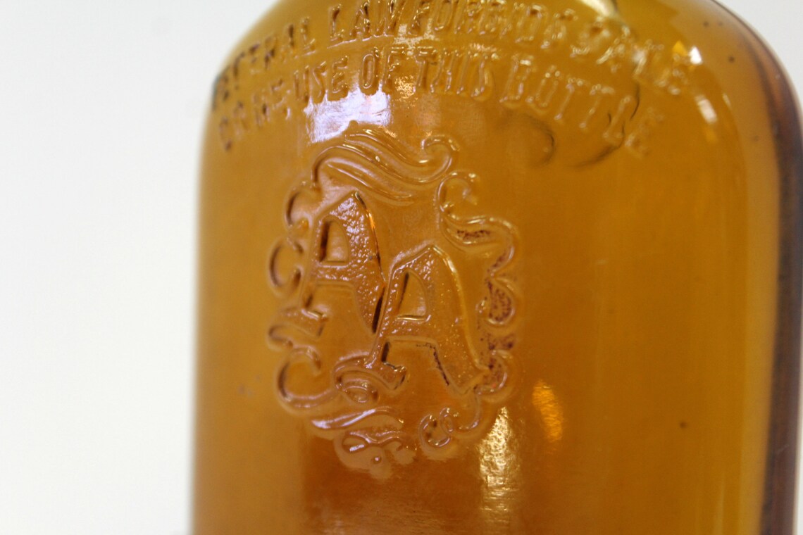 Vintage Amber Glass Bottle AA, Whiskey Bottle, Amber Color, Embossed