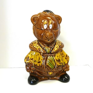 A Cute California Originals Brown and Yellow Bear Cookie Jar Wearing a Green and Brown Striped Tie, Bear Theme Cookie Jar, Room Decoration