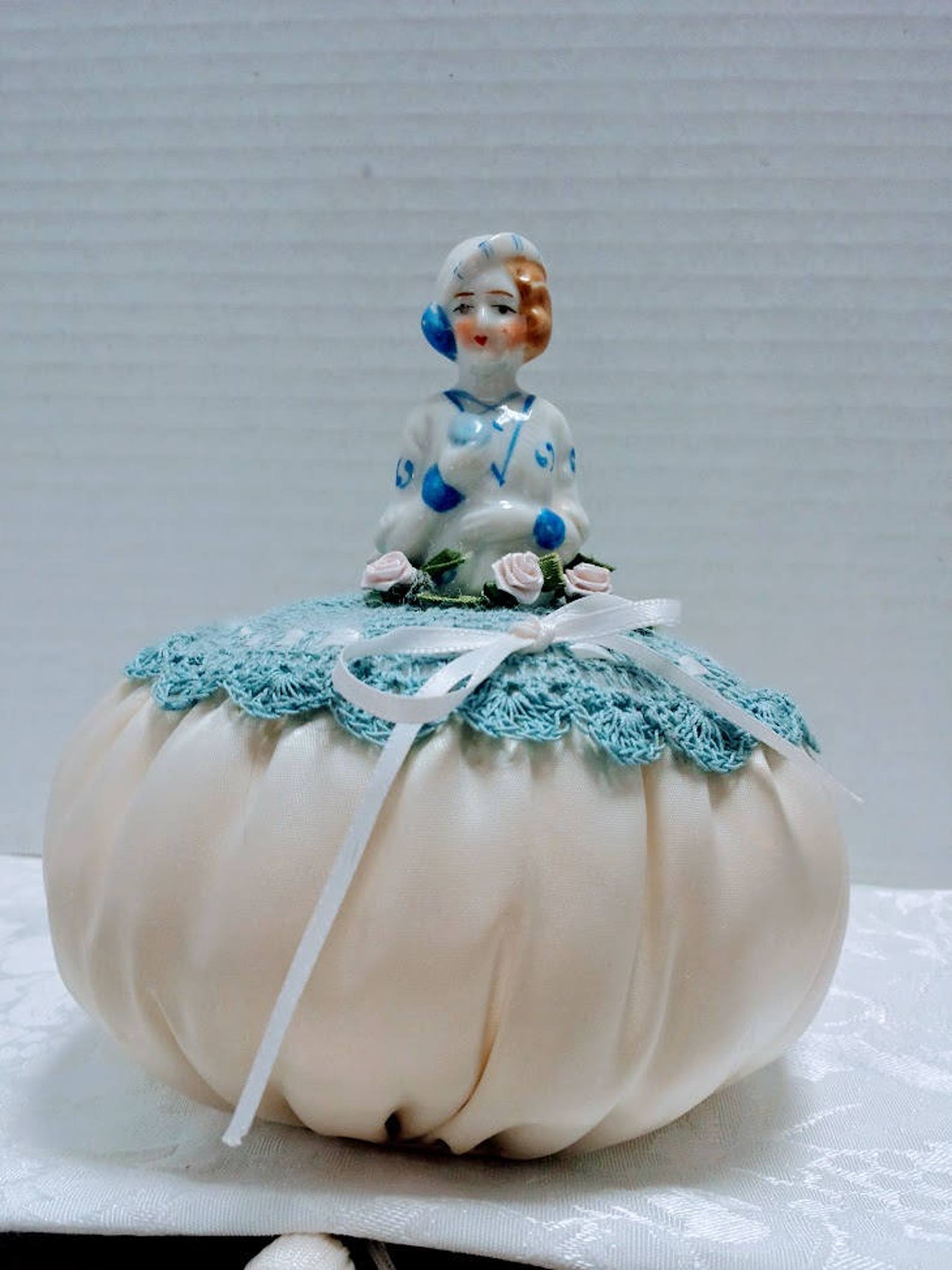 Vintage Half Doll Pincushion Handmade Blue and White Porcelain Etsy